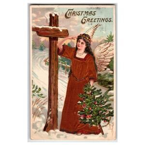 Vintage 1910 Embossed Christmas Angel Postcard With X-mas Tree Made in Germany